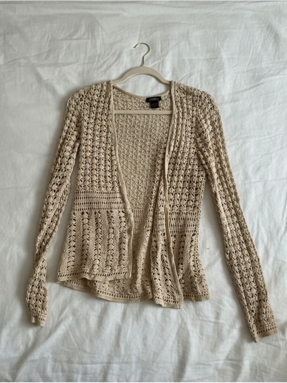 Eddie Bauer Open-Front Crochet Cardigan - Beige